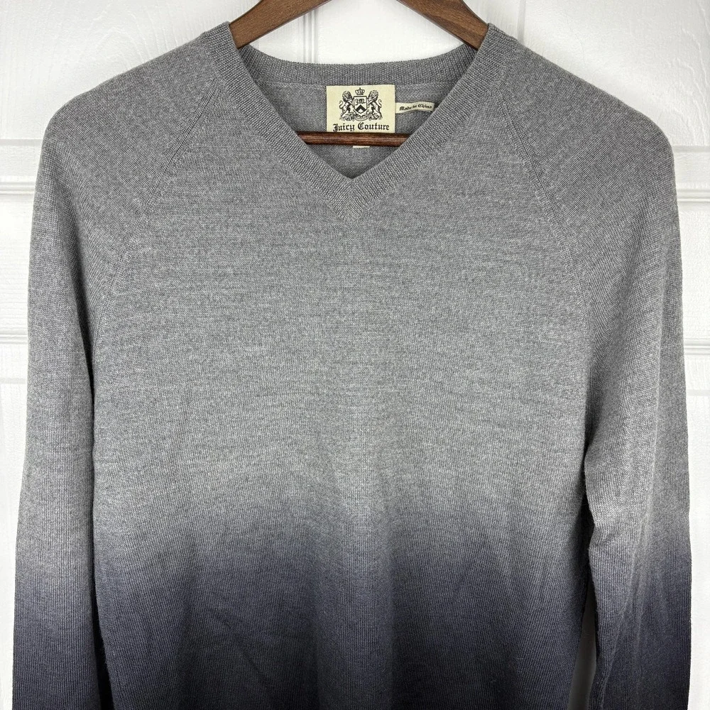 Juicy Couture Sweater Mens Small Gray Ombre V-Neck Long Sleeve Pullover‎ Knit